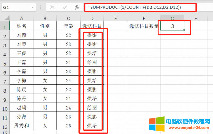 =SUMPRODUCT(1/COUNTIF(D2:D12,D2:D12))